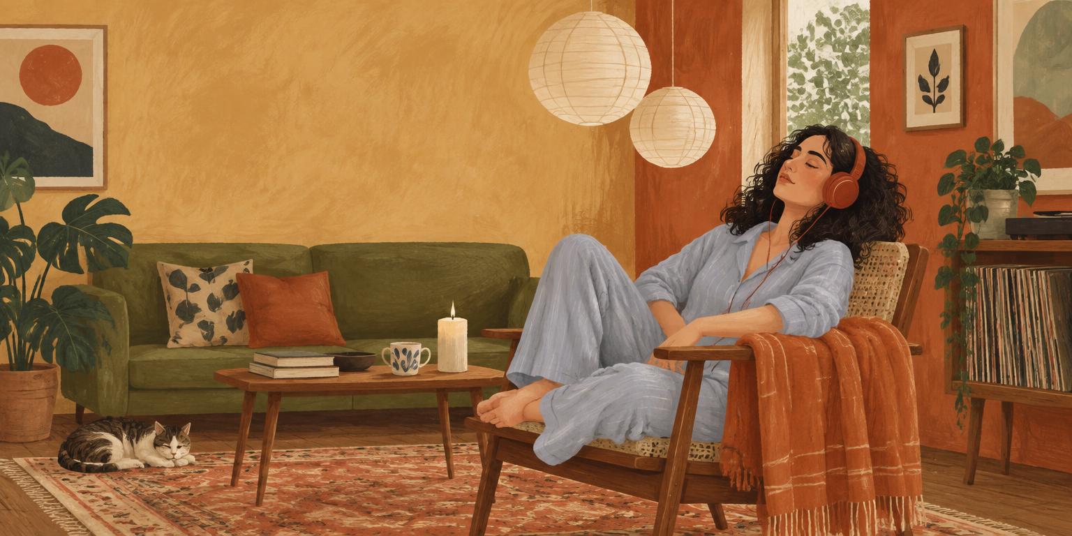Illustration of a woman unwinding with headphones in a warm, lamp-lit living room