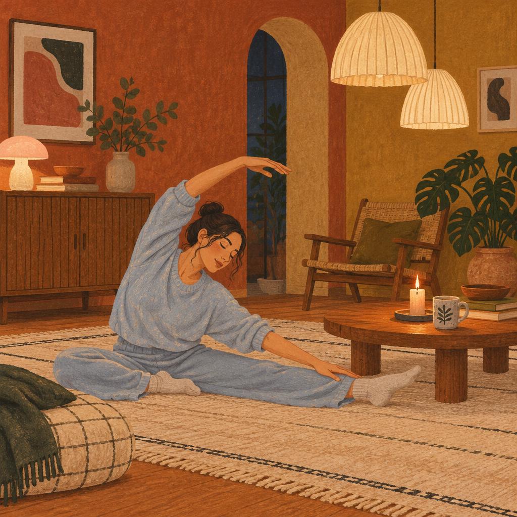 Illustration of a woman stretching on a rug by candlelight